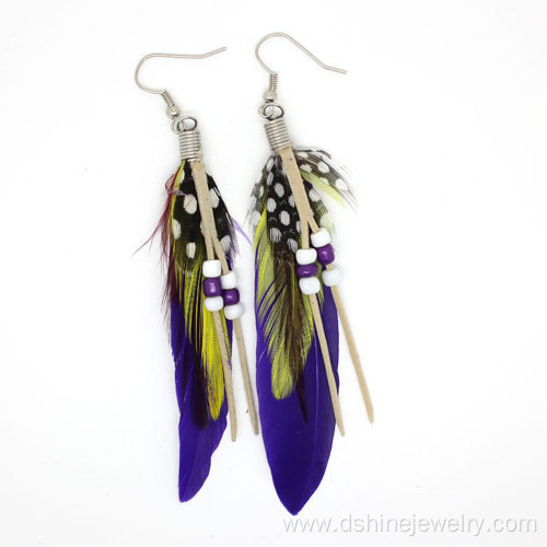 Cheap Bohemian Ethnic Feather Earrings Beaded Hook Earrings